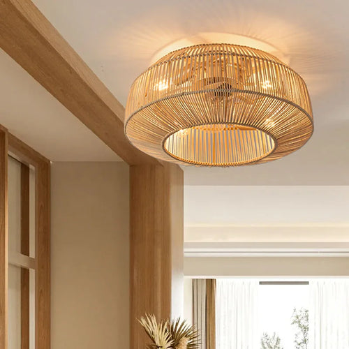 Ventilateur de plafond avec lumière rétro fait à la main en rotin de bambou ventilateur invisible lumières moderne simple Wabi-Sabi lampe de ventilateur de plafond d'îlot de cuisine - vue 3 sur 7