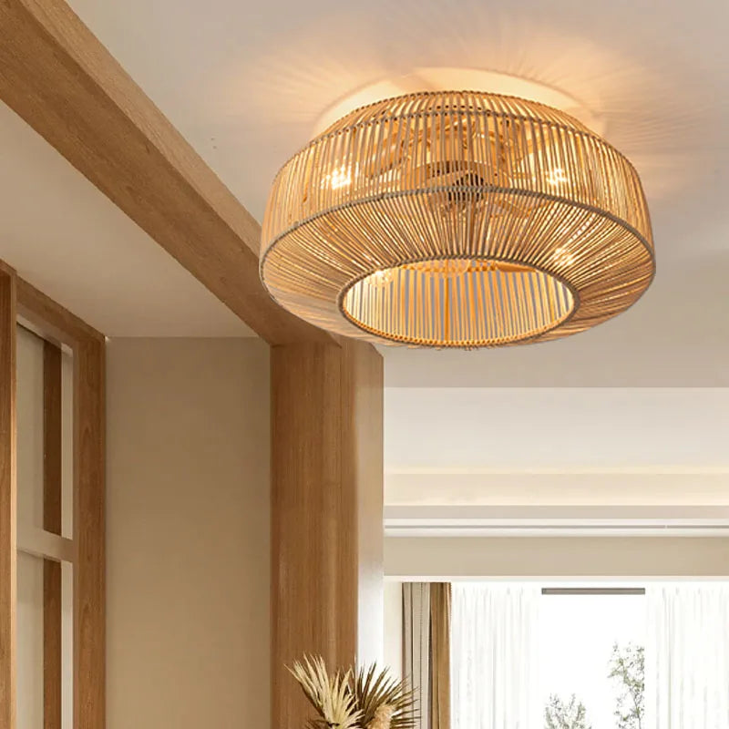 Ventilateur de plafond avec lumière rétro fait à la main en rotin de bambou ventilateur invisible lumières moderne simple Wabi-Sabi lampe de ventilateur de plafond d'îlot de cuisine - vue 3 sur 7