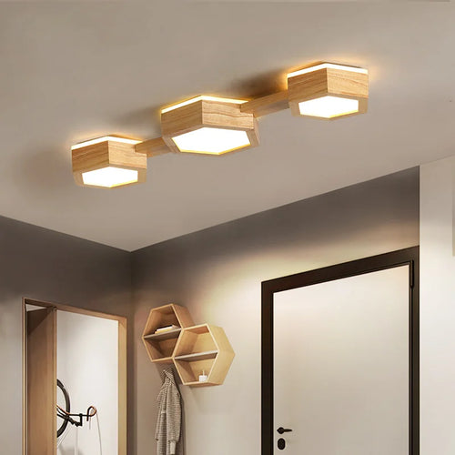 plafonnier en bois design moderne hexagonal avec éclairage LED - vue 3 sur 11