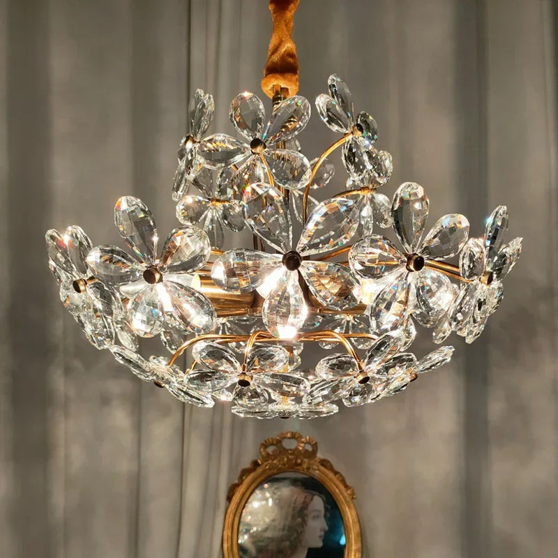 lustre plafond rétro fleur cristal led luxe décoration - vue 4 sur 9