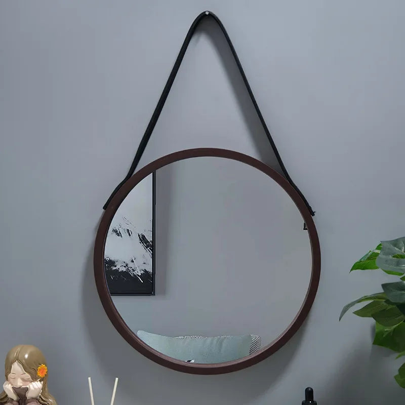 miroir mural rond avec bordure en bois épais - vue 3 sur 7
