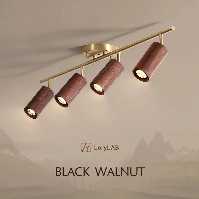 Walnut Wood Brass Spotlight Ceiling Light Fixture, Living Room Light for Dining Room, Kitchen Island, Corridor aisle, bedroom - vue 1 sur 14