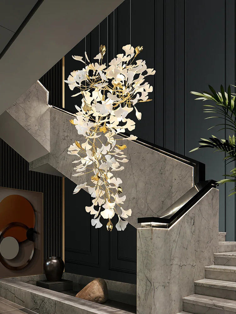 Ginkgo feuille cage d'escalier long lustre lumière atmosphérique villa de luxe duplex bâtiment loft hall d'hôtel lampes d'art créatives - vue 2 sur 20