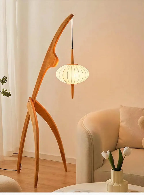 lampadaire design en bois noyer avec lampe suspendue - vue 7 sur 10