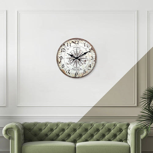 horloge murale en bois motif boussole rétro décoration silencieuse - vue 6 sur 7