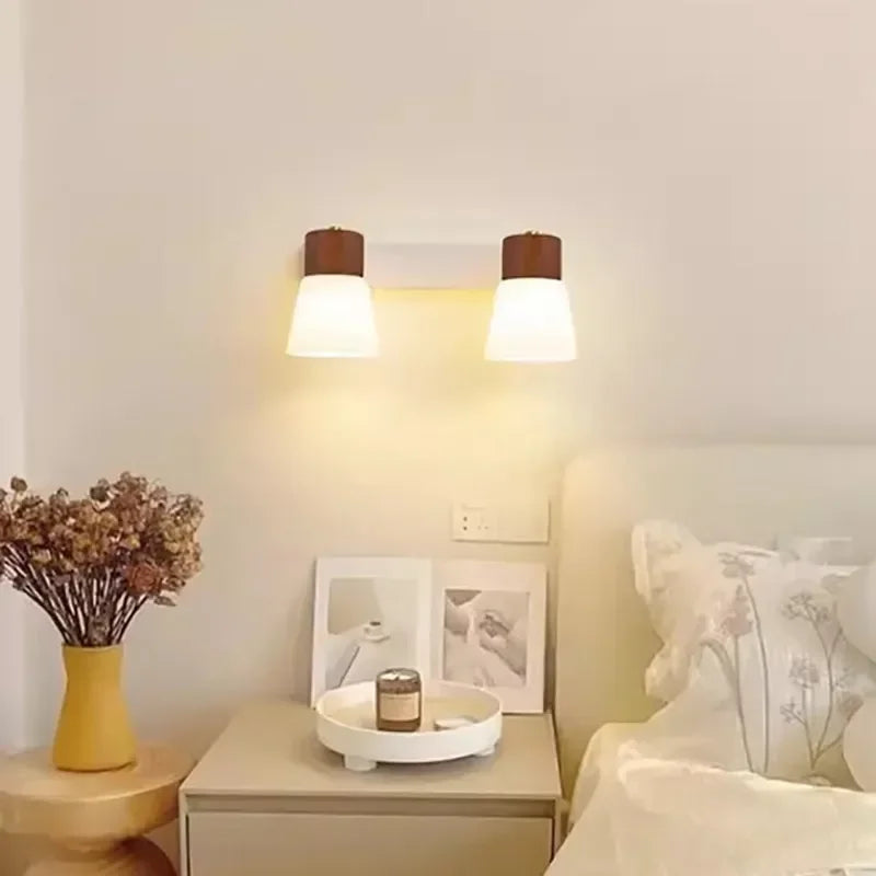 Applique murale nordique en bois LED Double tête lait blanc applique murale en verre pour chambre salon étude salle à manger décor à la maison luminaire - vue 2 sur 10