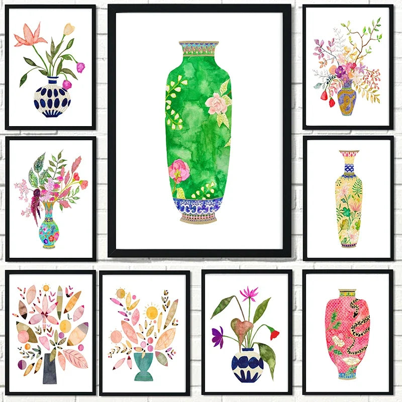 vase à fleurs aquarelle art mural pour décoration intérieure - vue 2 sur 7