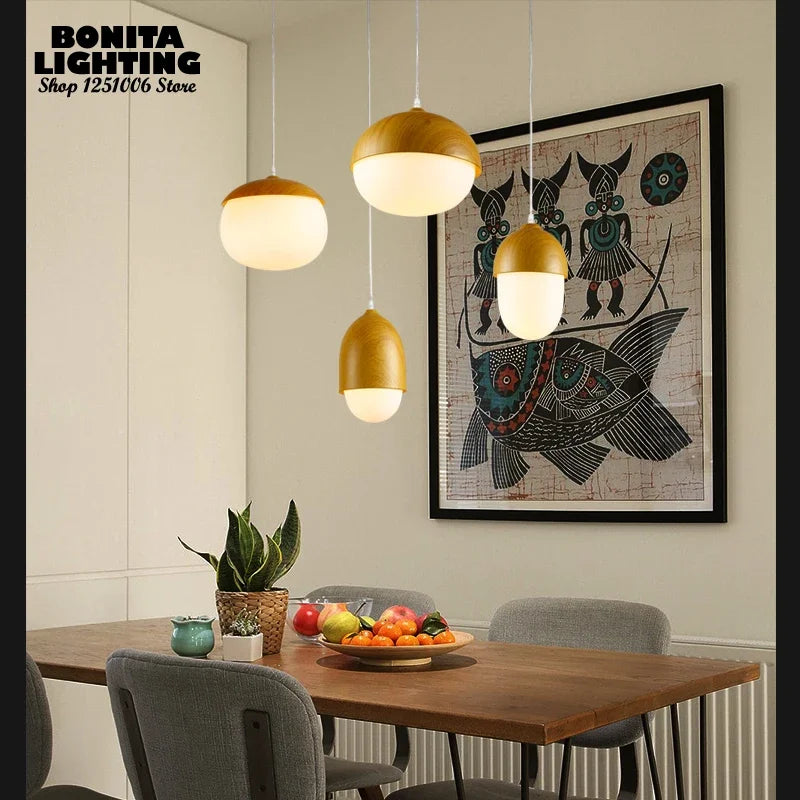 suspension moderne en verre et bois avec champignons - vue 4 sur 8