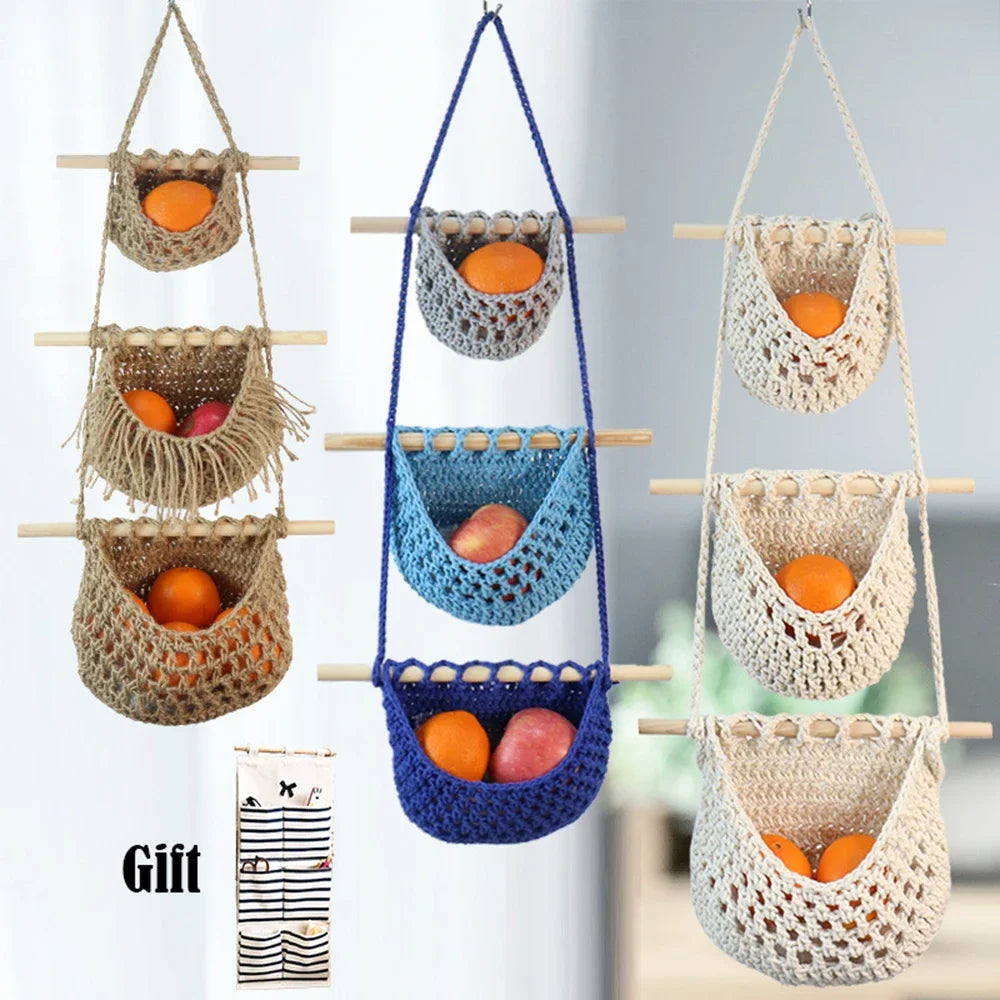 paniers suspendus en macramé lot de trois niveaux de rangement - vue 2 sur 9