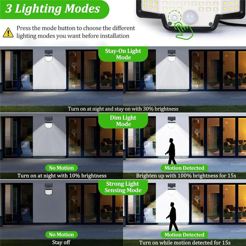 lumière solaire extérieure 166 led avec capteur de mouvement et télécommande - vue 5 sur 8
