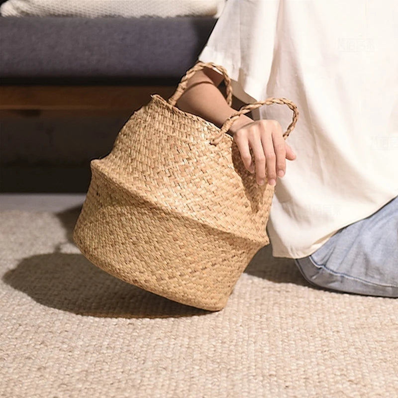 paniers de rangement pliables en rotin avec poignée pour divers usages - vue 4 sur 12