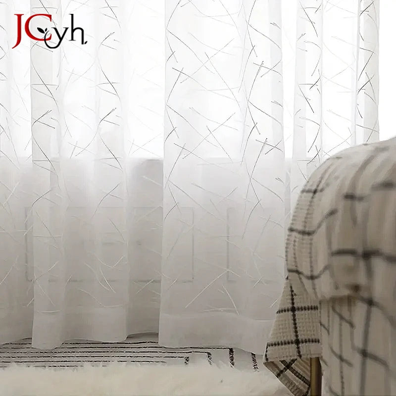 Voilage tulle a motifs rayures style moderne salon - vue 1 sur 7