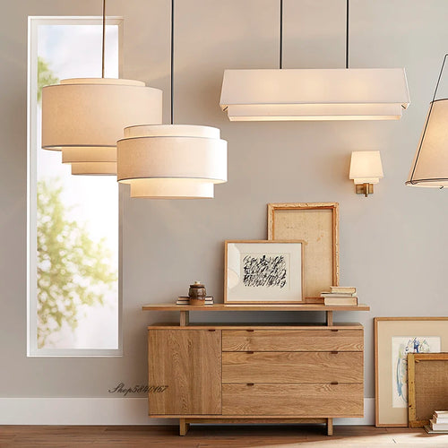 Lustre japonais tissu modernes LED - vue 3 sur 13