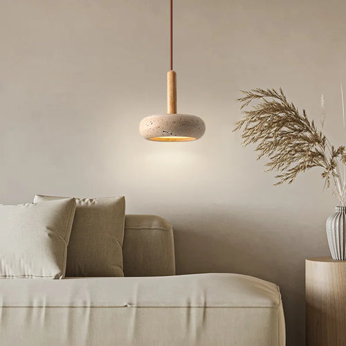 lustre led en travertin avec suspension en pierre naturelle - vue 3 sur 6