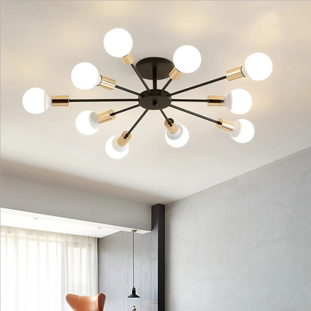 lustre industriel moderne avec tiges multiples en fer et bois - vue 5 sur 16