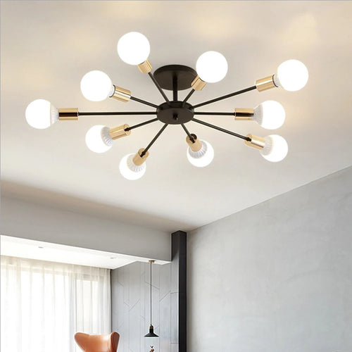 lustre industriel moderne avec tiges multiples en fer et bois - vue 5 sur 16