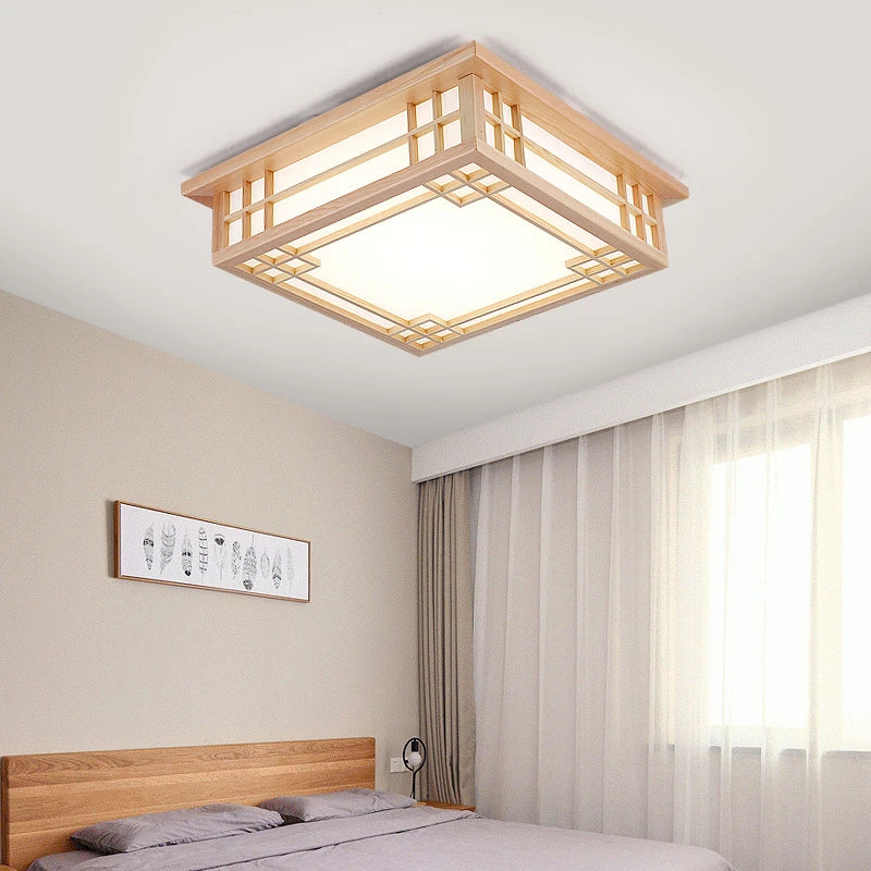 Plafonnier nordique en bois massif carré led décoratif - vue 5 sur 5
