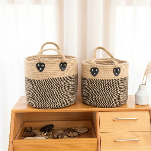 panier de rangement en jute et coton avec poignée - vue 4 sur 7