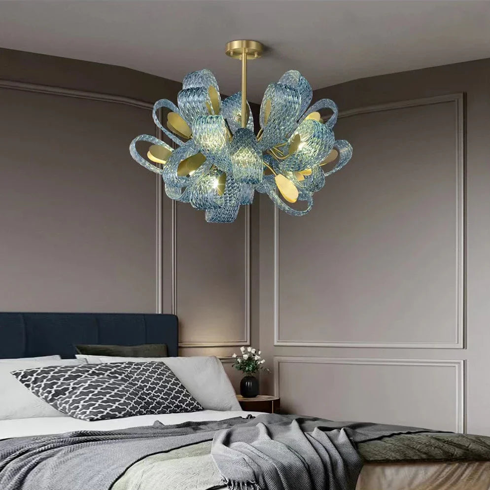 lustre moderne en verre design feuille de paon led suspendu - vue 2 sur 21