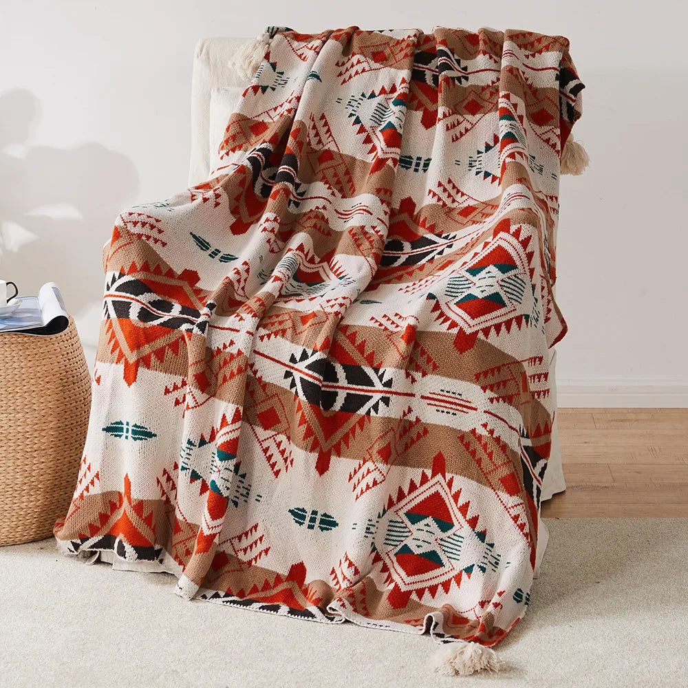 plaid tricoté bohème à rayures avec pompons déco - vue 6 sur 6
