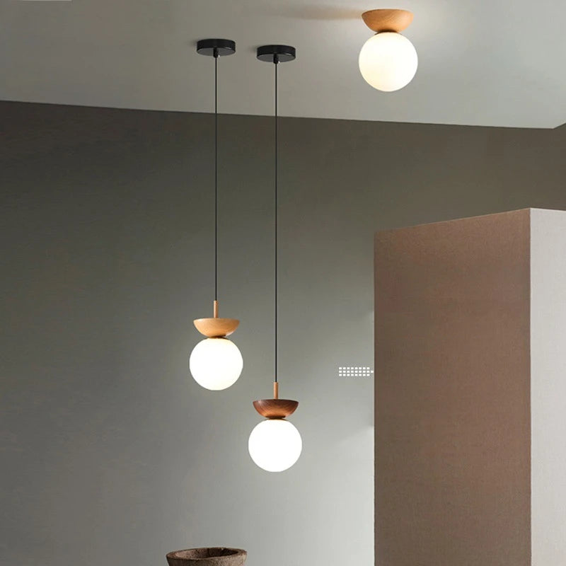 plafonnier led rond en verre avec abat jour en bois - vue 3 sur 10