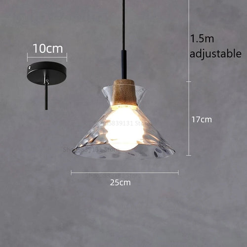 suspension led en verre grain d'eau et bois nordique rétro - vue 12 sur 11
