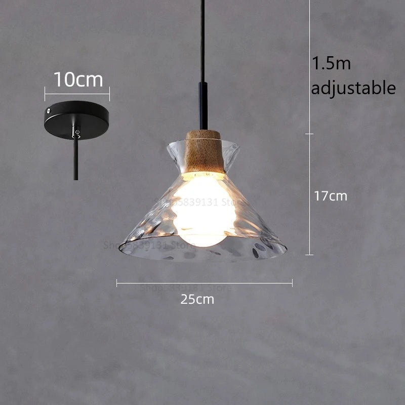 suspension led en verre grain d'eau et bois nordique rétro - vue 11 sur 11