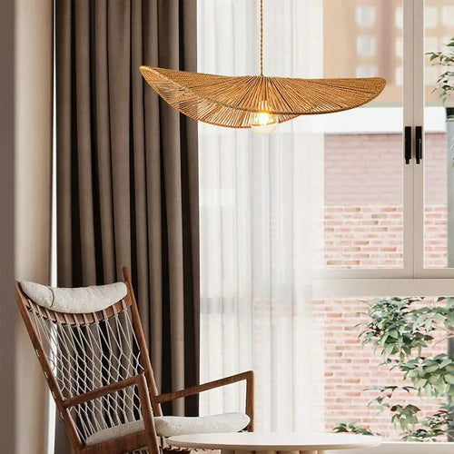 lustre en paille tissé style japonais pour décoration intérieure - vue 2 sur 7
