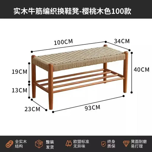 tabouret à chaussures en bois massif tressé en rotin style rétro moderne - vue 9 sur 9