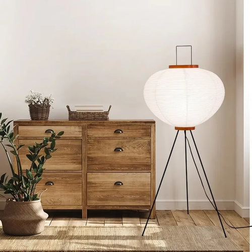 lampadaire design japonais en papier de riz avec trépied - vue 2 sur 8