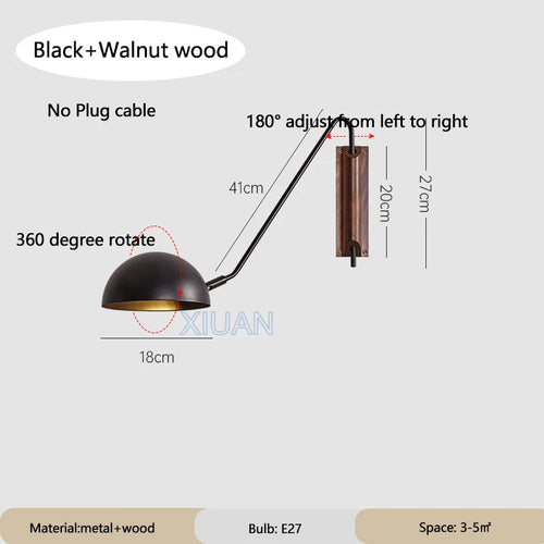 Nordic Bedroom Bedside Wall Lamps Plug In Wall Sconce Black White Iron Lampshade Swing Long Arms Wall Mounted Light E27 - vue 15 sur 14