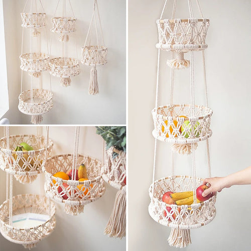 panier suspendu en macramé pour plantes et fruits décoratif - vue 3 sur 10