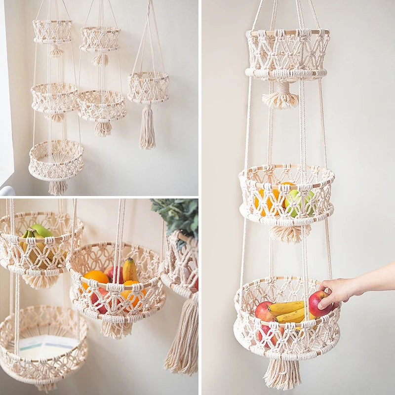 panier suspendu en macramé pour plantes et fruits décoratif - vue 3 sur 10