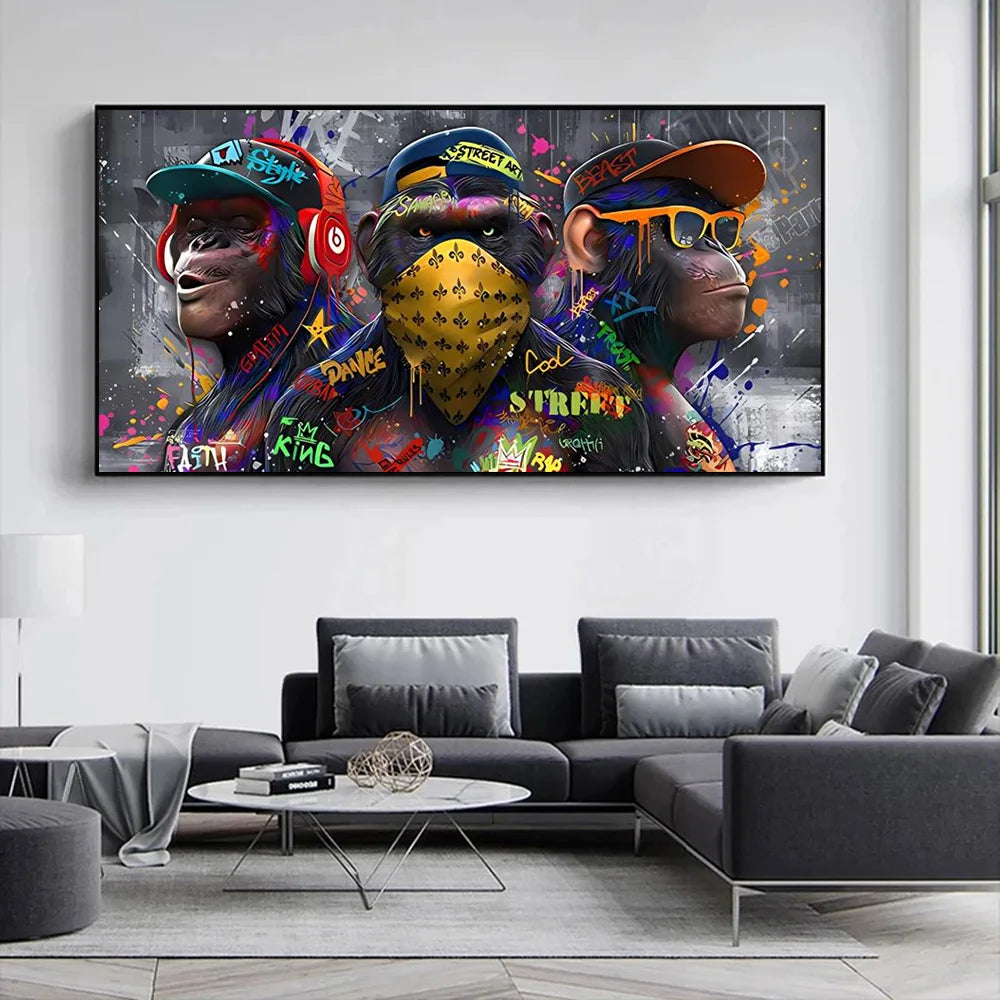 trois orangs-outans graffiti art mural décoration singe musique - vue 3 sur 7