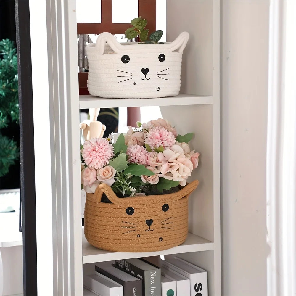 panier de rangement en coton tissé visage de chat adorable - vue 3 sur 11