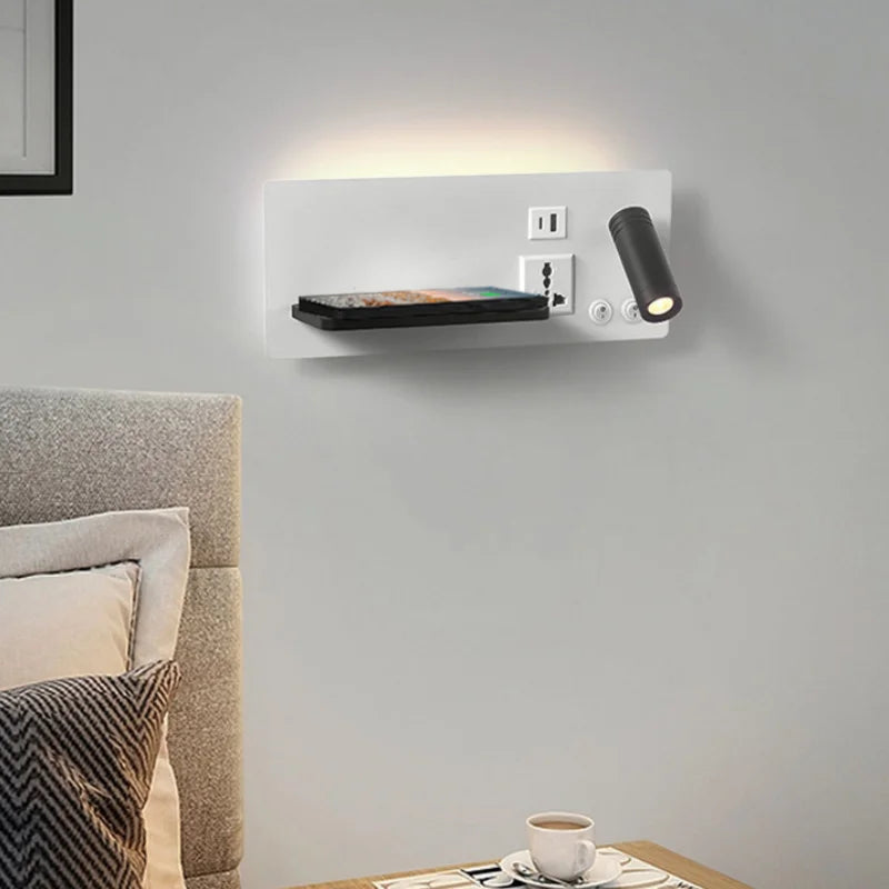 lampe de chevet murale avec chargement sans fil usb type-c et projecteur rotatif - vue 3 sur 14