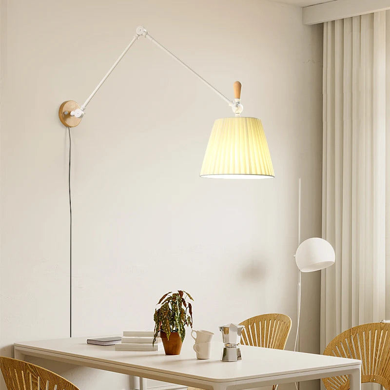 Nordic Shiftable Rocker Arm Wall Lamps Fabric Lampshade Dining Table Wall Light for Bedside Study Reading Lighting ON/OFF Switch - vue 4 sur 14