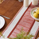 Chemin de table boheme rayures rouge beige pompons