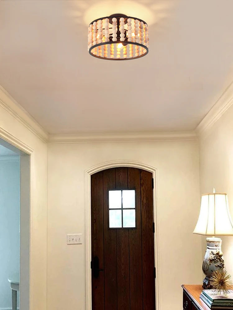 plafonnier en perles de bois fait main style vintage pour intérieur chaleureux - vue 4 sur 7