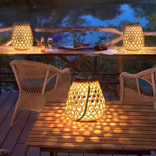 lanterne solaire étanche haute luminosité décoration jardin tissée bambou - vue 3 sur 6