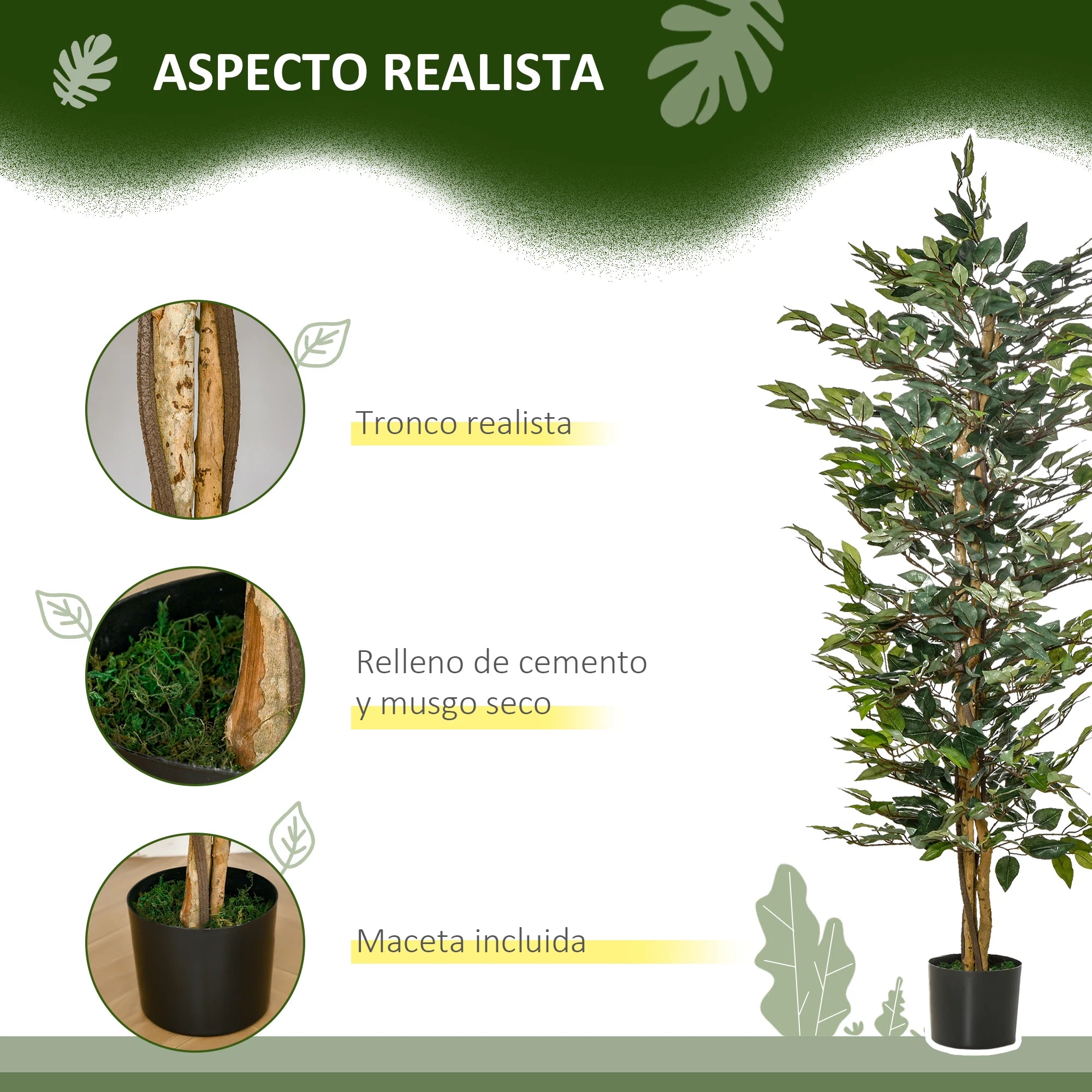 ficus artificiel avec pots en bûches et 1008 feuilles vertes - vue 4 sur 7