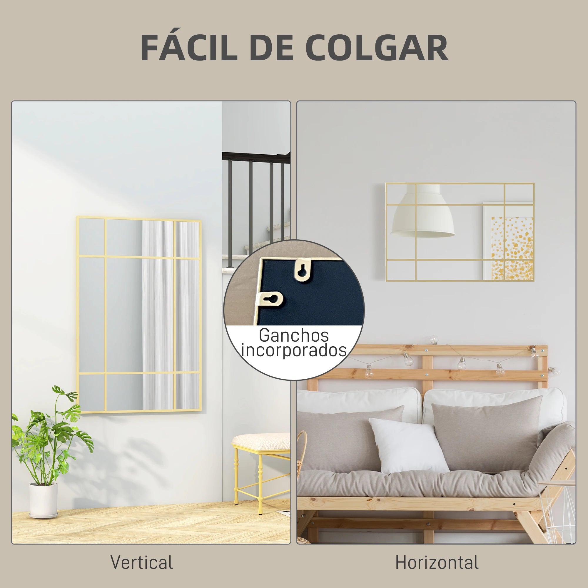 miroir mural rectangulaire avec cadre en métal doré - vue 5 sur 7