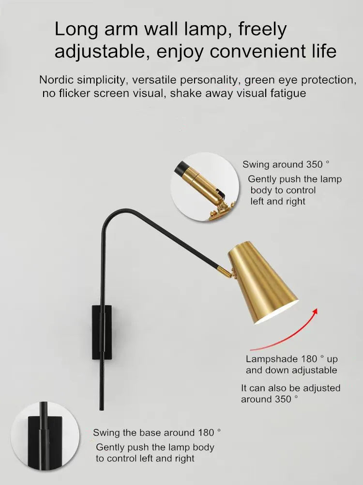 Minimally Adjustable Bedroom Bedside Wall Lamp, Long Arm Dining Room Wall Lamp, Nordic Long Pole Industrial Style Swing Arm Lamp - vue 5 sur 12