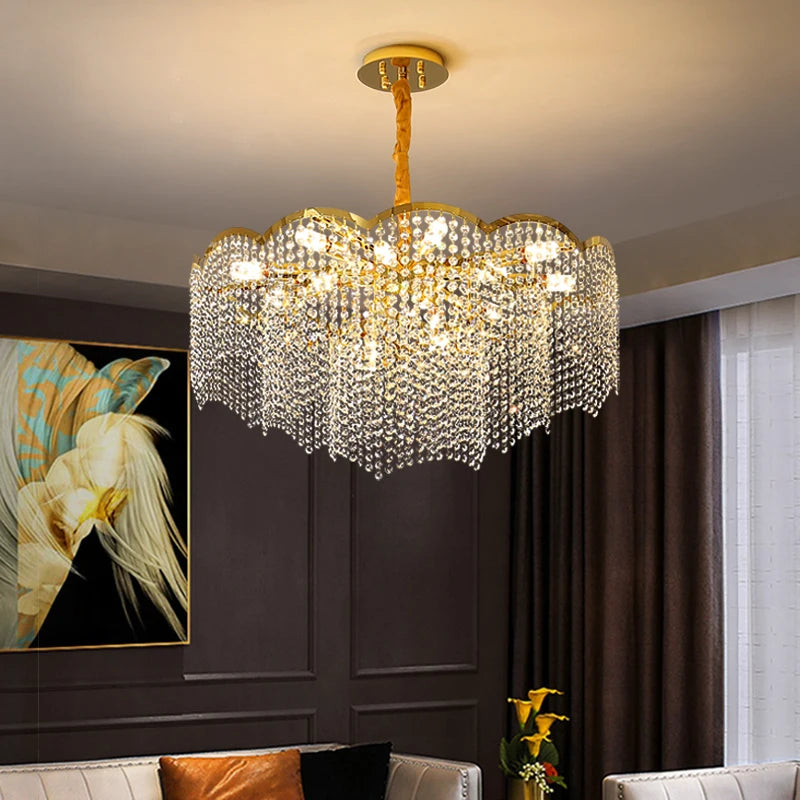 lustre moderne en cristal doré haute suspension design élégant pour intérieur - vue 3 sur 9