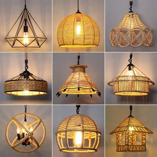 Sisal chanvre corde suspension plafonnier Lustre suspendu Lustre fer main tressage rustique rétro pour salle à manger décor - vue 2 sur 28