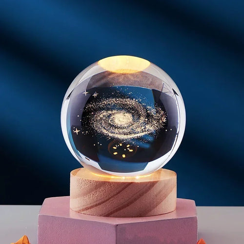 veilleuse 3D en cristal système solaire cadeau décoratif en bois - vue 2 sur 16
