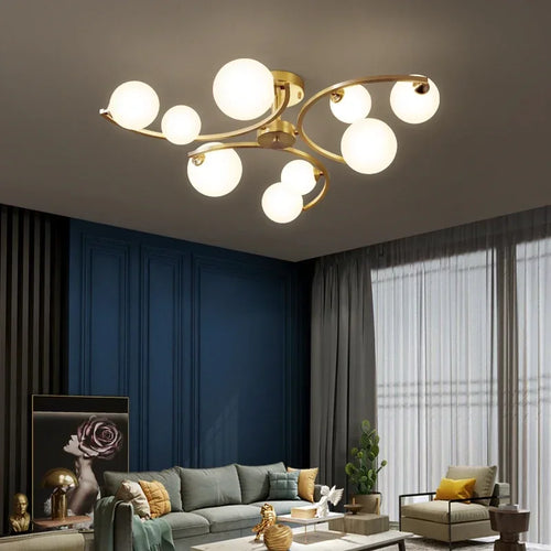 plafonnier moderne en cuivre doré avec boule de verre et led - vue 2 sur 10