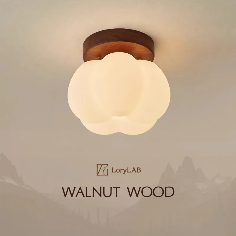 Walnut Wood Roll Molded Pumpkin, Wabi Sabi Modern, Flush Ceiling light fixture for Entrance Hall, Corridor, Balcony, Entrance - vue 1 sur 10