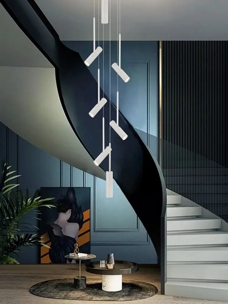 Led cylindrique spot suspension design moderne Restaurant éclairage noir blanc minimaliste escalier Long lustre - vue 5 sur 14