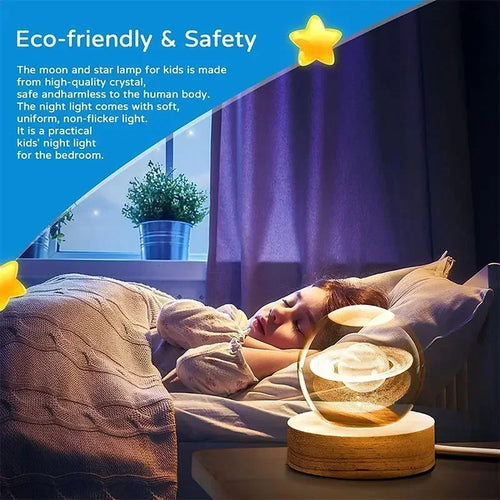 veilleuse 3D en cristal système solaire cadeau décoratif en bois - vue 4 sur 16